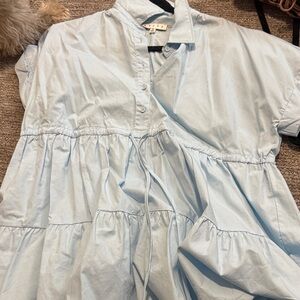 HYFVE Pale Blue Tiered Cotton Popover Dress with Waist Tie